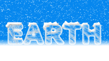 illustrated  Ice text EARTH with snow and blue sky background