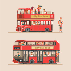 People go on the red tourist bus and take pictures of landmarks. 3d vector illustration.