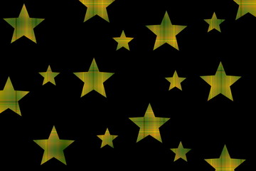 Black background with green and orange checkered stars