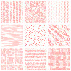 Collection of seamless patterns. Set of pink and white prints for textiles. Handmade. Hand drawn geometric ornament. Doodle style.