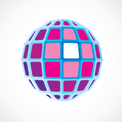 Purple dimensional vector low poly object, trigonometry shape. Technology 3d spherical element made with square facets for use as design form in engineering.