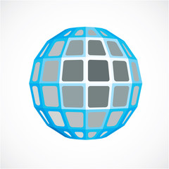 Blue faceted orb created from squares, dimensional vector sphere. Low poly geometric design element for use in engineering and technology.