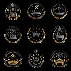 Imperial Crowns emblems set. Heraldic Coat of Arms, vintage vector logos collection.