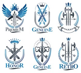 Vintage Weapon Emblems set. Vintage vector design elements collection. Retro style label, heraldry.