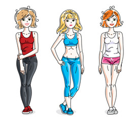 Attractive young women standing in stylish sportswear. Vector people illustrations set. Lifestyle theme fem characters.