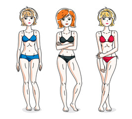 Happy cute young women standing wearing colorful bikini. Vector set of beautiful people illustrations.