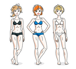 Happy cute young women standing wearing colorful bikini. Vector set of beautiful people illustrations. Slim female with perfect body.