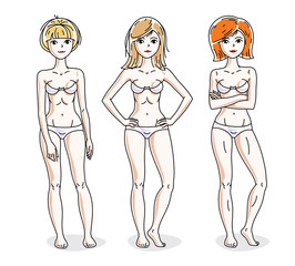 Happy attractive young women standing in white underwear. Vector diversity people illustrations set. Slim female with perfect body.