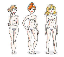 Happy attractive young women standing in white underwear. Vector diversity people illustrations set.