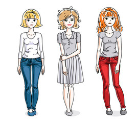 Happy young women posing in stylish casual clothes. Vector people illustrations set. Fashion and lifestyle theme cartoons.