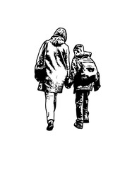Silhouette of a boy with mama coming from school vector