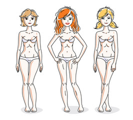 Happy attractive young women standing in white underwear. Vector diversity people illustrations set. Slim female with perfect body.