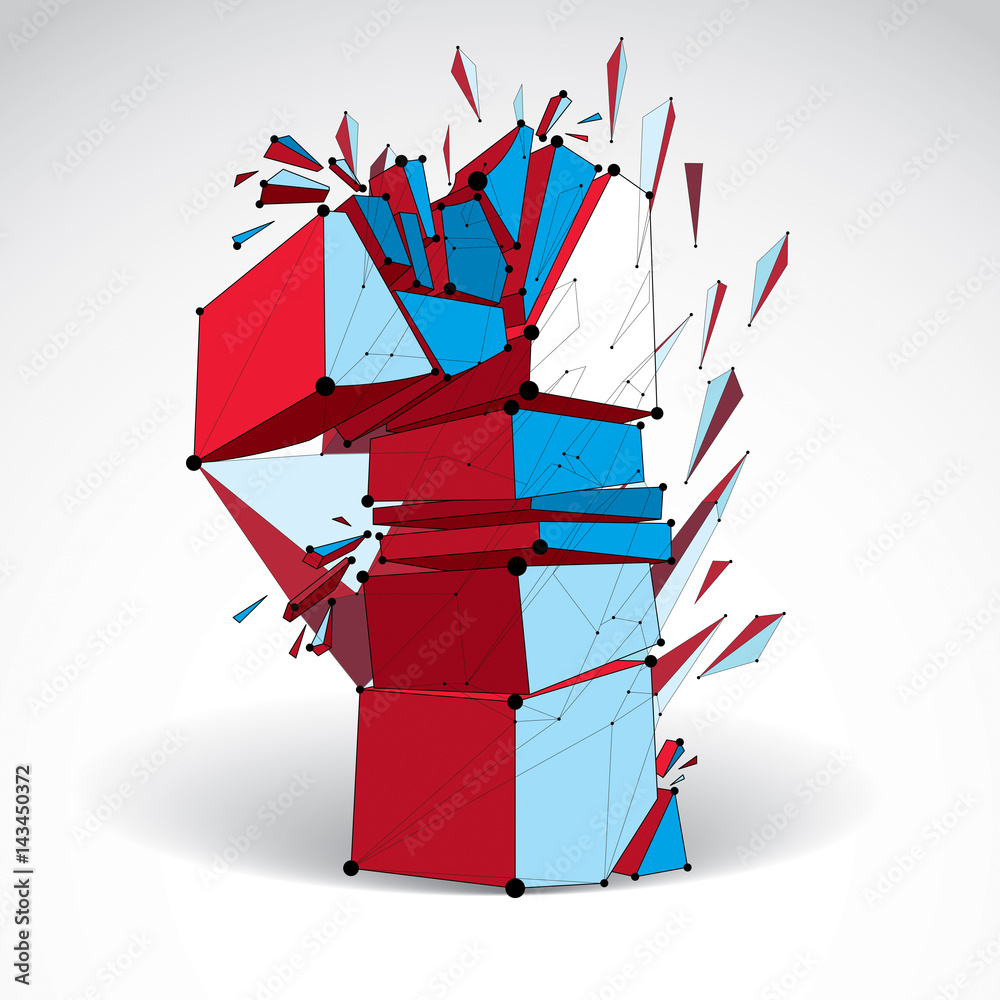 Poster 3d vector low poly number 1 with black connected lines and dots, geometric wireframe font with fragm