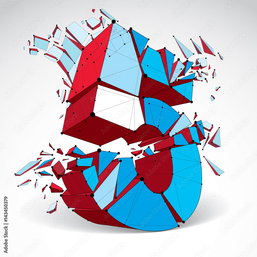 Fototapete 3d vector digital wireframe number 5 broken into different particles, geometric polygonal numeration