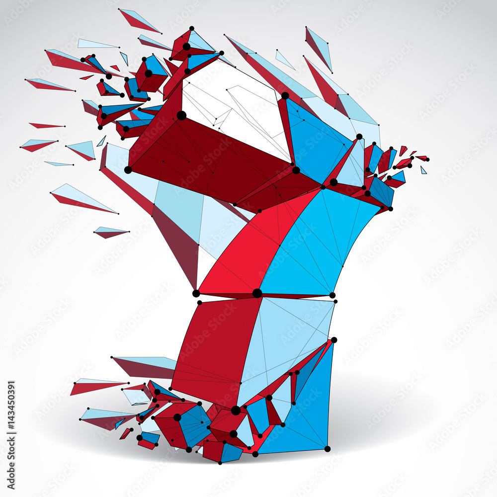 Poster 3d vector low poly colorful number 7 with black connected lines and dots, geometric wireframe font w