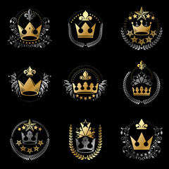 Ancient Crowns emblems set. Heraldic vector design elements collection. Retro style label, heraldry logo.
