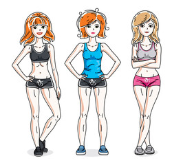 Attractive young women posing wearing stylish sport clothes, sportswoman and fitness people. Vector characters set. Lifestyle theme fem characters.