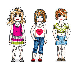 Cute happy little girls posing wearing casual clothes. Vector diversity kids illustrations set. Childhood and family lifestyle cartoons.