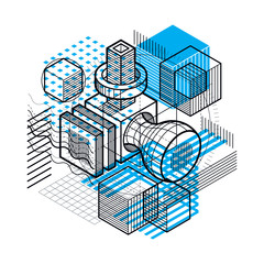 Abstract design with 3d linear mesh shapes and figures, vector isometric background. Cubes, hexagons, squares, rectangles and different abstract elements.