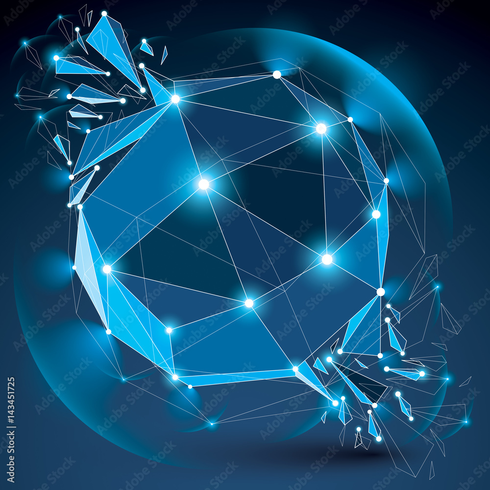 Poster 3d vector low poly blue spherical object with sparkles, white connected lines and dots, geometric wi