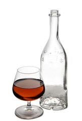 Bottle with brandy and cognac on white background