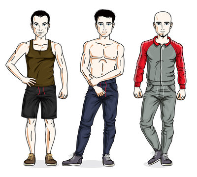 Handsome young men standing in stylish sportswear, sportsman and fitness people. Vector set of beautiful people illustrations. Lifestyle theme male characters.