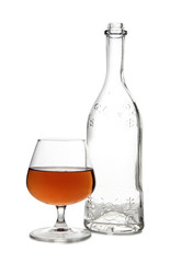 Bottle with brandy and cognac on white background