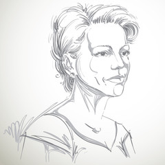 Vector portrait of attractive woman, illustration of good-looking serious female. Person emotional face expression.