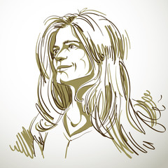 Artistic hand-drawn image, black and white portrait of delicate stylish loving girl. Emotions theme illustration.