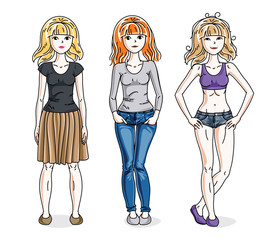 Happy young women group standing wearing fashionable casual clothes. Vector diversity people illustrations set. Fashion and lifestyle theme cartoons.