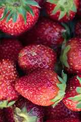 Strawberry background with focus on one strawberry