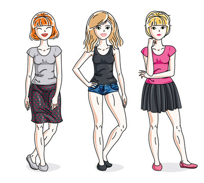 Happy young women group standing wearing fashionable casual clothes. Vector diversity people illustrations set.