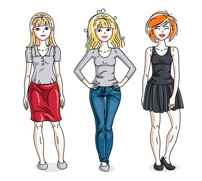 Happy young women group standing wearing fashionable casual clothes. Vector diversity people illustrations set.