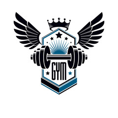 Sport logo for weightlifting gym and fitness club, vintage style vector emblem with wings. With barbell.