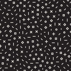 Retro geometric line shapes seamless patterns. Abstract jumble textures. Black and white scattered shapes