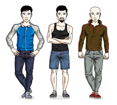 Handsome young men group standing in stylish sportswear. Vector different people characters set.