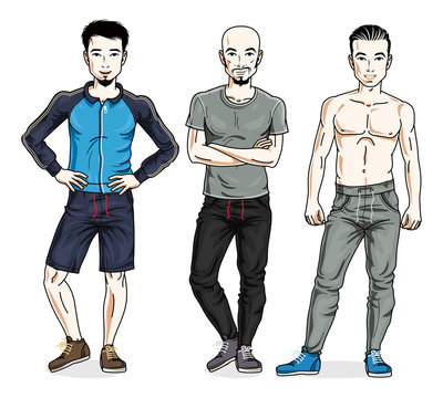 Handsome young men group standing in stylish sportswear. Vector different people characters set.