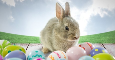 Easter rabbit with eggs in front of blue sky