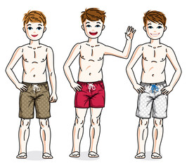 Cute happy young teen boys posing  wearing fashionable beach shorts. Vector diversity kids illustrations set.
