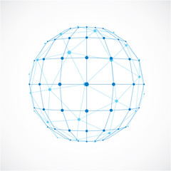3d vector digital wireframe spherical object made using facets. Geometric polygonal blue ball created with lines mesh and triangles. Low poly shape, lattice form for use in web design.