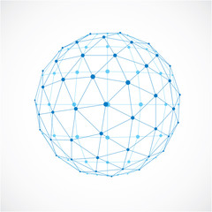 Perspective technology shape with black lines and dots connected, polygonal wireframe object. Abstract blue faceted element for use as design structure on communication technology theme