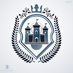 Vintage decorative heraldic vector emblem composed with stronghold illustration and imperial crown