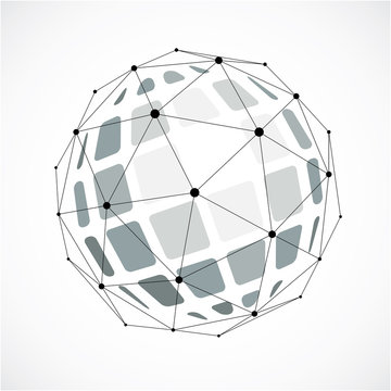Perspective technology shape with black lines and dots connected, polygonal wireframe object. Abstract gray faceted element for use as design structure on communication technology theme