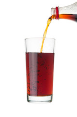 Pouring cola in glass on white background