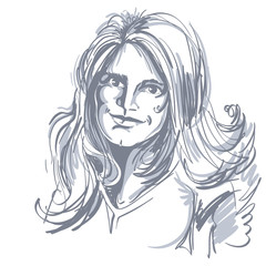 Hand-drawn vector illustration of beautiful romantic woman with long wavy hair. Monochrome image, positive expressions on face of young lady.