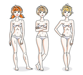 Young beautiful women standing in white underwear. Vector set of beautiful people illustrations.