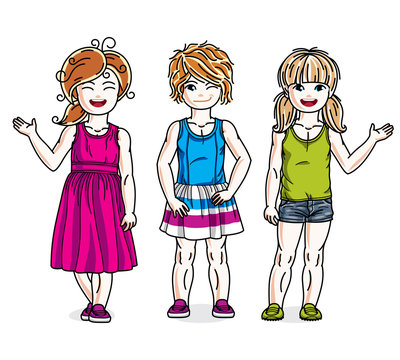 Cute happy little girls posing in stylish casual clothes. Vector diversity kids illustrations set.