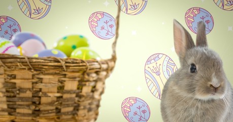 Easter Rabbit with eggs basket in front of pattern