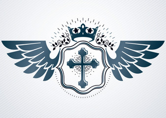 Vintage decorative heraldic vector emblem composed with eagle wings, Christian religious cross and royal crown