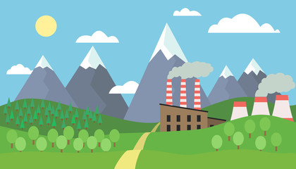 View of the mountain landscape with hills and trees with snow on the peaks and factory with smoking chimneys under blue sky with clouds and sun - vector